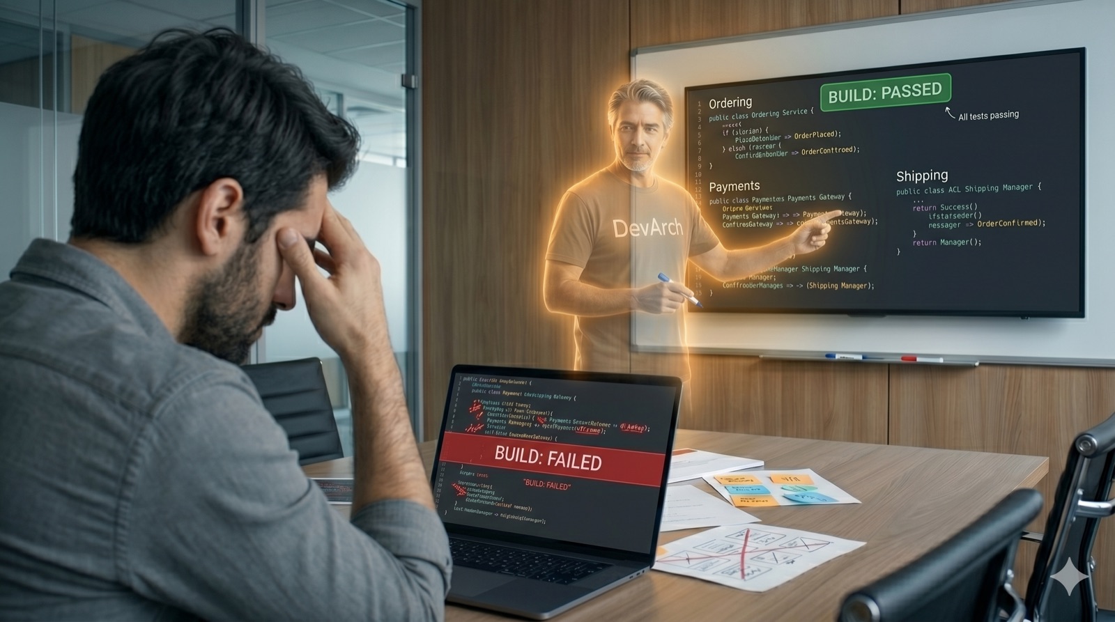 The same developer facing a red BUILD: FAILED on a laptop while the DevArch mentor shows a passing build with all tests green.